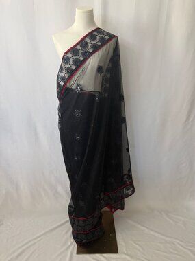 🖤 Black Sequin Net Saree with Red Border — Elegant Evening Drape